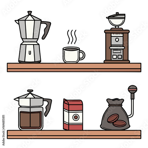 Collection of coffee making equipment and accessories on shelves moka pot french press
