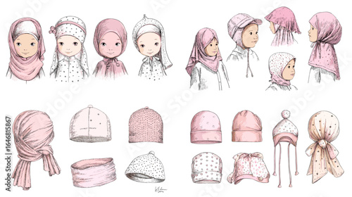Sweet illustration set of Muslim girls wearing hijabs and hats in soft pastel tones, perfect for children’s books, educational materials, and cultural fashion projects.
