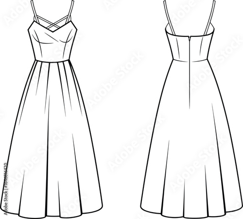 Vector CAD drawing of elegant spaghetti strap dress, front and back fashion flat sketches, technical apparel design, clothing template illustration