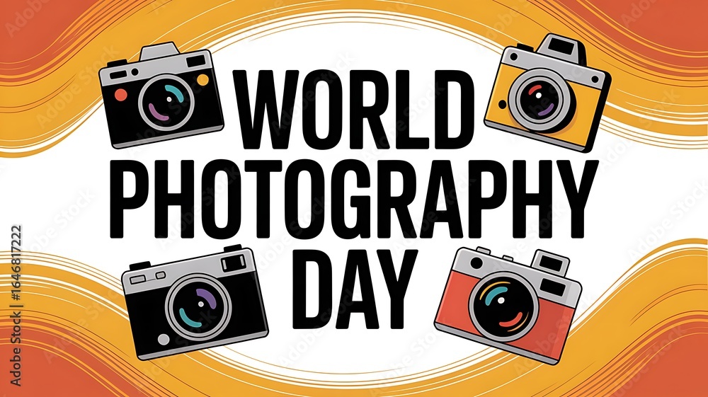 Obraz premium World Photography Day graphic with bold lettering and camera illustrations