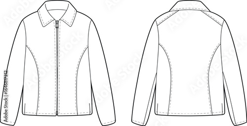 Long sleeve jacket flat sketch, front and back view, vector fashion CAD, technical drawing template, outerwear garment design illustration