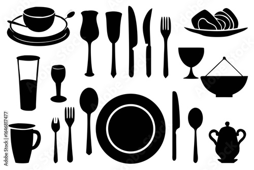 A curated minimalist line art bundle highlighting tableware and serving essentials. Ideal for restaurant branding, hospitality design, catering menus, and food photography props with a clean, luxuriou