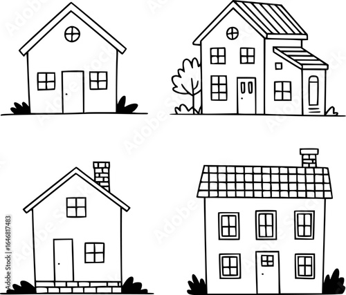 Simple line art drawings of houses with windows doors and roofs home dwelling