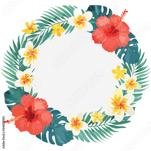 A beautiful, hand-painted tropical wreath in a soft watercolor style, featuring a lush arrangement of green foliage and colorful flowers for a modern, summery design.