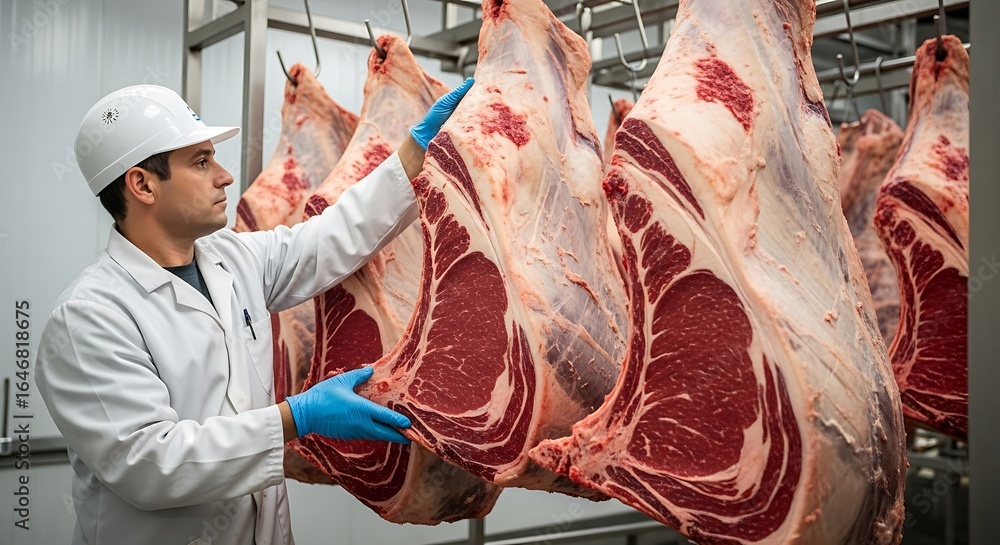 Obraz premium Worker inspecting beef carcasses hanging in a refrigerated warehouse to ensure quality and freshness