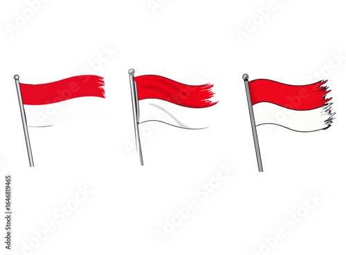 Three variations of a tattered Indonesian flag, depicting different states of damage and movement.