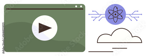 Green video player with play button, atom with circuit lines, and a cloud symbol. Ideal for technology, cloud computing, video streaming, education, innovation science and digital transformation. A