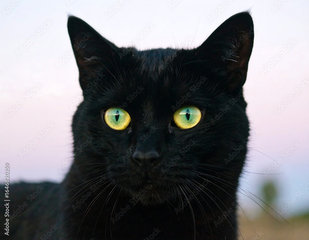 Close-up of a black cat with bright, yellow-green eyes, gazing directly at the viewer Close-up of a black cat with bright, yellow-green eyes, gazing directly at the viewer