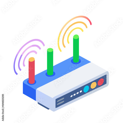 Isometric view of a wireless router with colorful signals isolated on white background