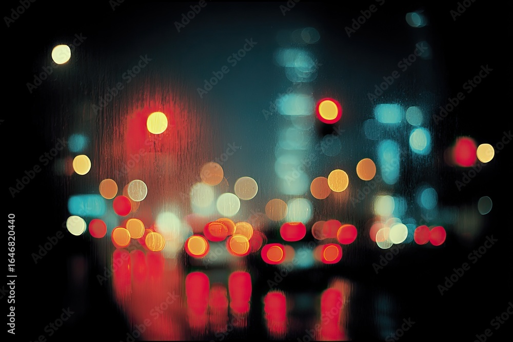 Obraz premium Blurry night city lights through rain-streaked glass