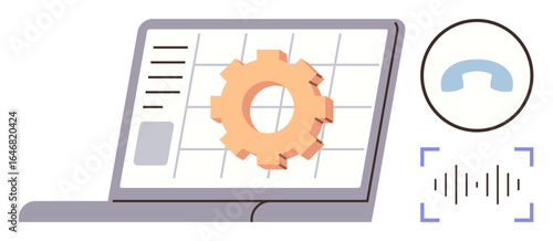 Laptop displaying a cogwheel interface, beside phone receiver and voice waveform accents. Ideal for technology, productivity, communication, digital tools, collaboration, software systems