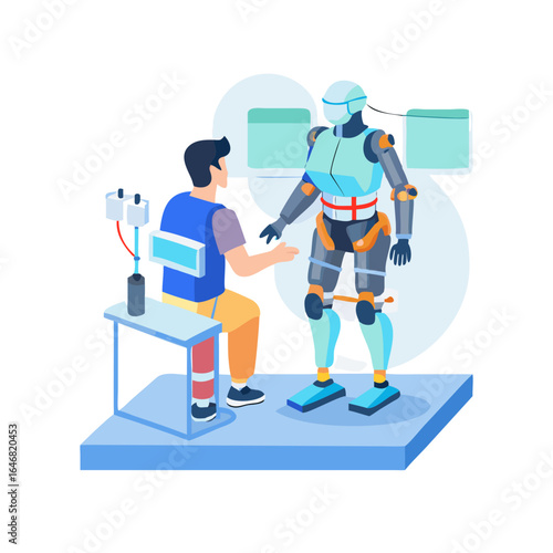 Human interacting with a robot in a futuristic science and technology setting