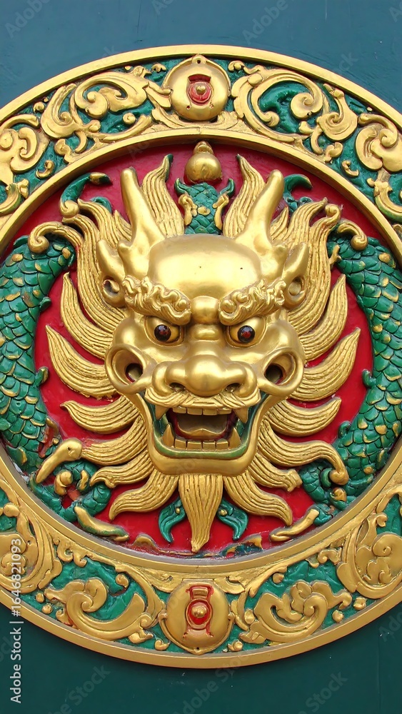 Obraz premium Golden dragon head medallion on green background