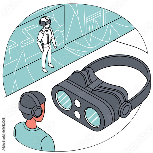 Immersive virtual reality experience a person dons a vr headset to explore a digital world with abstract geometric patterns and another figure in the virtual space