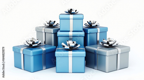A stack of beautifully wrapped blue and silver gift boxes with ribbons and bows, perfect for celebrating birthdays, holidays, or any special occasion isolated on white background