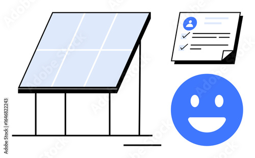 Solar panel generating clean energy with a checklist for progress tracking and a happy face for positivity. Ideal for energy solutions, eco-friendliness, sustainability, motivation, technology