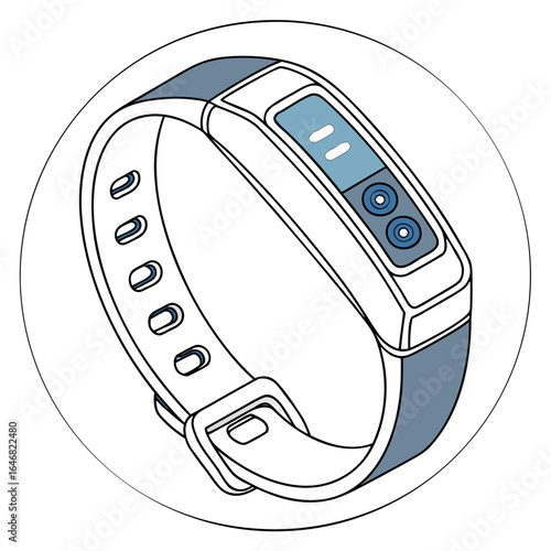 A sleek modern fitness tracker with a blue display and dual buttons presented in a clean minimalist line art style within a circular frame
