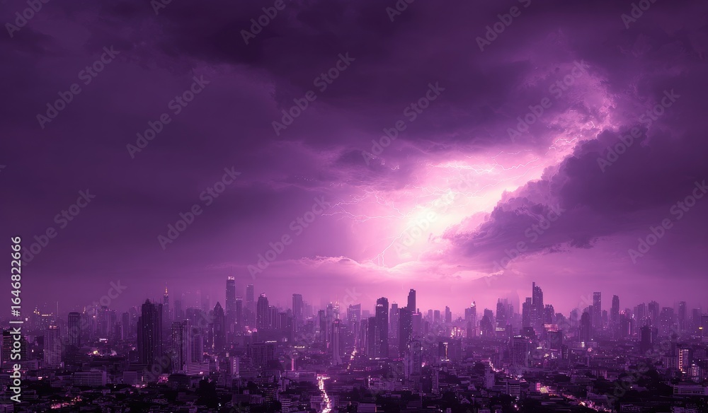 Obraz premium City skyline under dramatic purple storm clouds