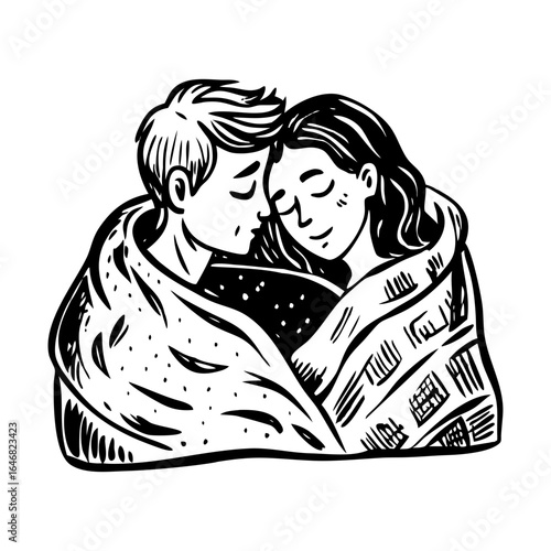 Vintage style illustration depicting intimate cuddling couple 