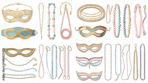 Elegant masquerade mask and chain accessory collection in pastel and gold tones, ideal for costume parties, fashion events, and decorative designs.
