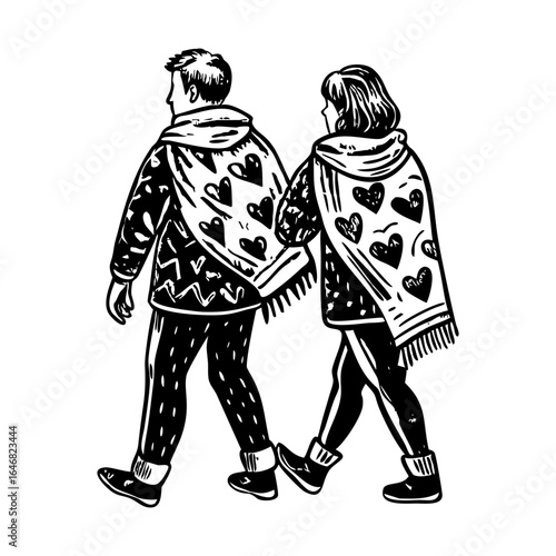 A vintage style illustration showing couple walking together