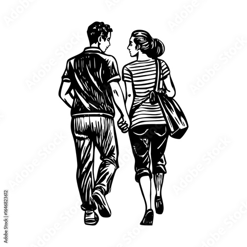 An illustration of couple strolling designed in vintage style