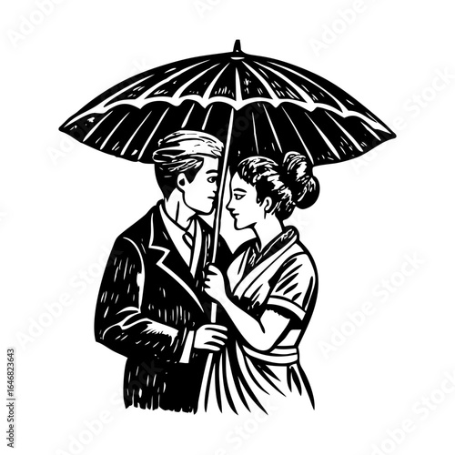 Vintage style illustration showing lovely couple under umbrella