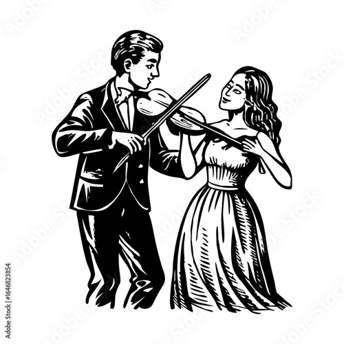 An illustration showing a couple playing violin in vintage style