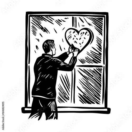 Vintage style illustration showing a man sketching heart 