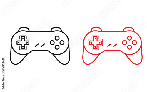 Two gamepads, one black and one red, isolated on white background, representing gaming, entertainment, and digital recreation with modern technology