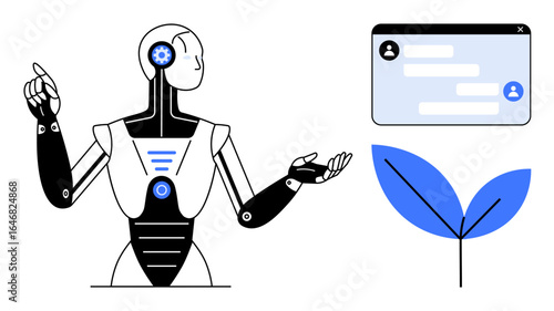 Robot gesturing with raised hand beside chat window and blue leaf, representing AI, growth, and communication. Ideal for artificial intelligence, technology, innovation, environment, chatbot