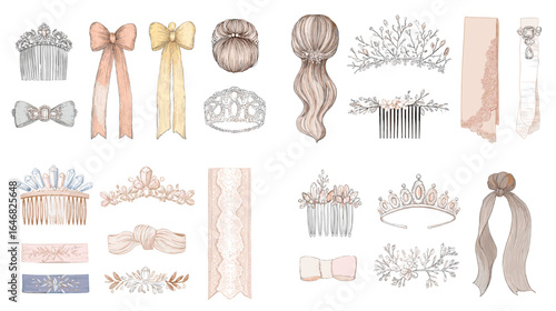 Delicate bridal and hair accessory set with tiaras, bows, veils, and hairpins in pastel tones, perfect for wedding styling and feminine fashion themes.