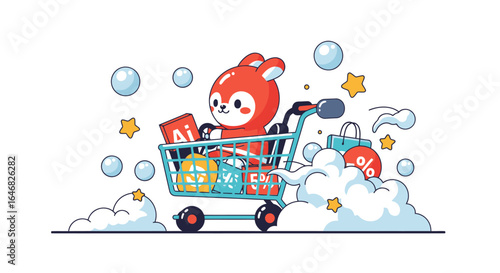 Cute cartoon fox enjoying shopping spree with sales and discounts on white background
