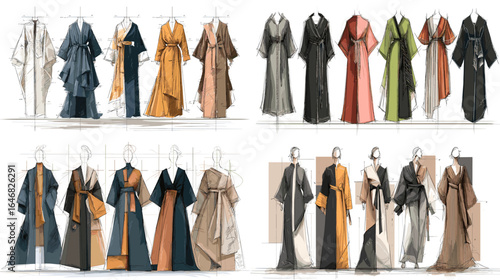 Elegant collection of traditional-inspired fashion outfits with flowing robes, intricate details, and modern color palettes for costume and clothing design.
