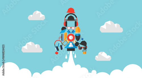 Creative startup concept launching with vibrant style, innovative ideas, and modern technology