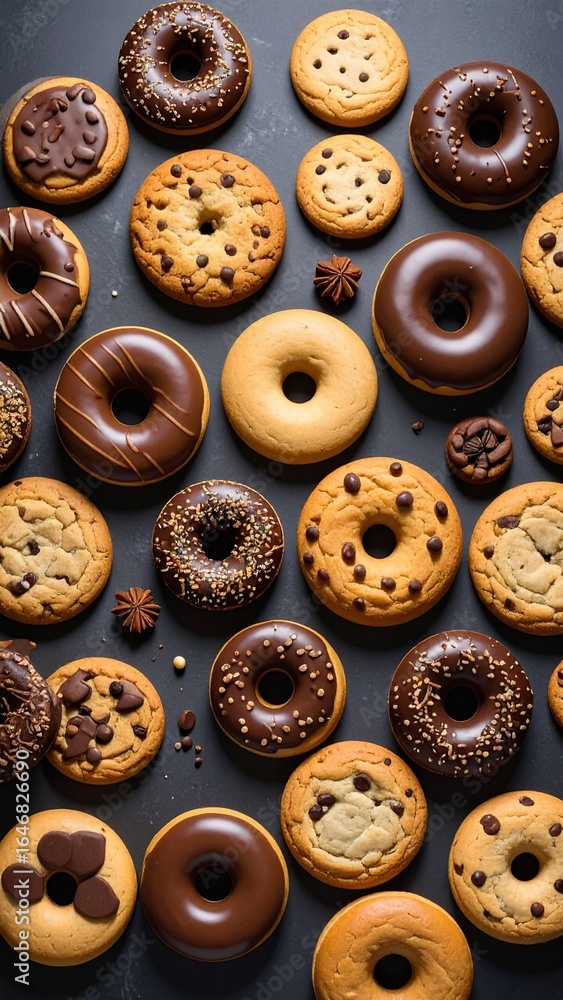 Obraz premium Delicious Assortment of Chocolate and Plain Donuts and Cookies.