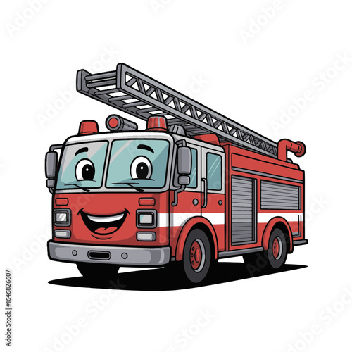 Fire truck cartoon character smiling with ladder and bright red color for children's educational content