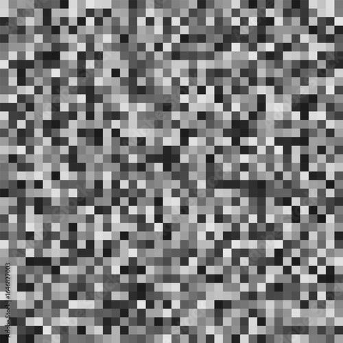 Seamless pattern featuring a dense grid of small squares in various shades of gray, creating a pixelated or digital texture. Neutral and modern background. Pixel Art vector seamless pattern.