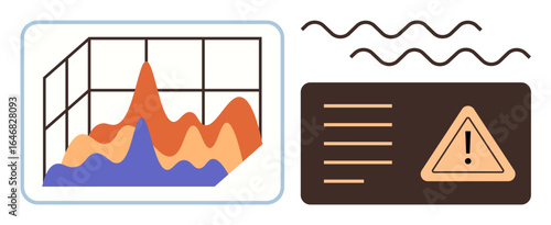 Graph with fluctuating data analytics and warning sign with text lines. Ideal for risk management, data monitoring, analytics, forecasting, business insights, reporting, simple flat metaphor