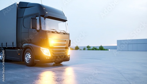 Black semi-truck parked in a large empty lot at dawn