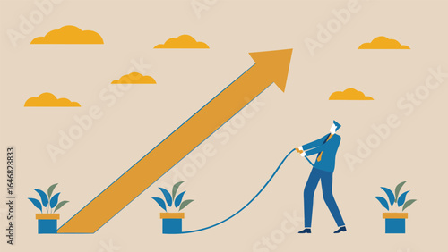 A businessman pulling a large orange arrow upwards with a rope under a cloudy sky with potted plants