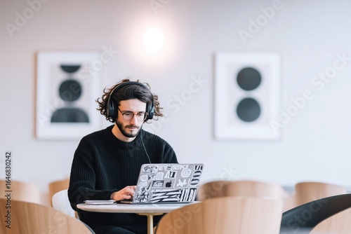 Young man working on laptop in modern cafe with headphones in a bright interior setting