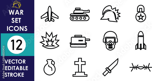 12 war-themed vector icons including airplane, tank, helmet, medal and so on 