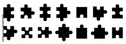Puzzle pieces icons set. Simple black vector puzzle pieces illustrations collection.
