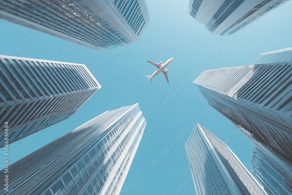 Fototapeta premium Looking up at towering skyscrapers with an airplane soaring above a clear blue sky creating a stunning urban scene
