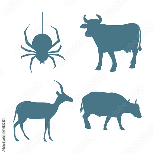 Vector art of set of animal silhouettes featuring a cow, bull, spider, and antelope, isolated on a white background, symbolizing diverse fauna