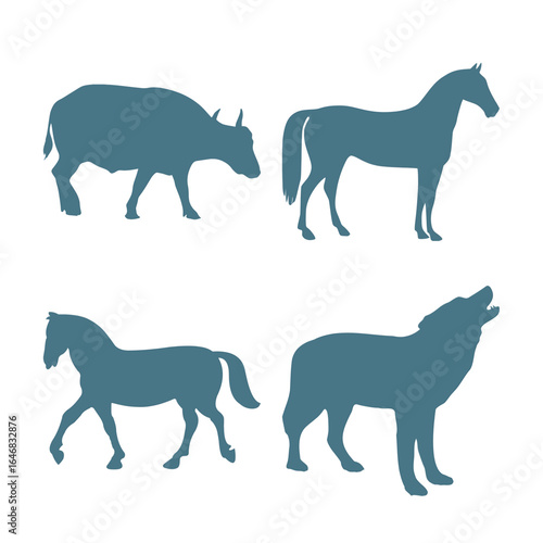 Vector art of compilation of animal silhouettes including horses, a bull, and a wolf, isolated on a white background, showcasing different species