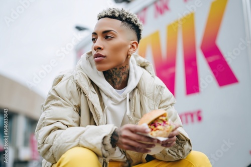Person enjoying a colorful street food meal while sitting on a curb in an urban environment