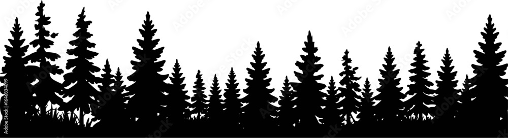 Obraz premium Black silhouette of dense evergreen forest with varied tree heights vector
