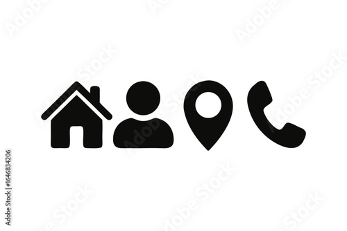 Simple Black Contact Information Icons on White Background Representation for Contact Us Page and Website Design with Address User Location and Phone